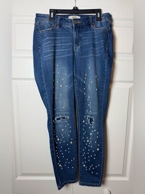 Vintage America Blues Pearl-Embellished Boho Skinny Ankle Jeans